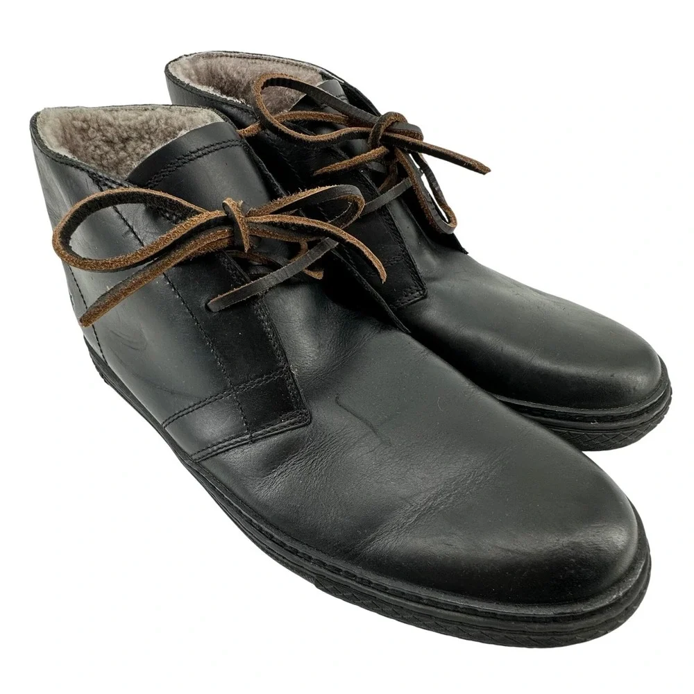 Frye Chukka Boots Mens 10.5 Black Leather Shearling Lined Utility Minimalist